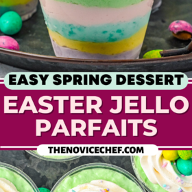 Rainbow jello parfait with whip cream and easter candy eggs on top.