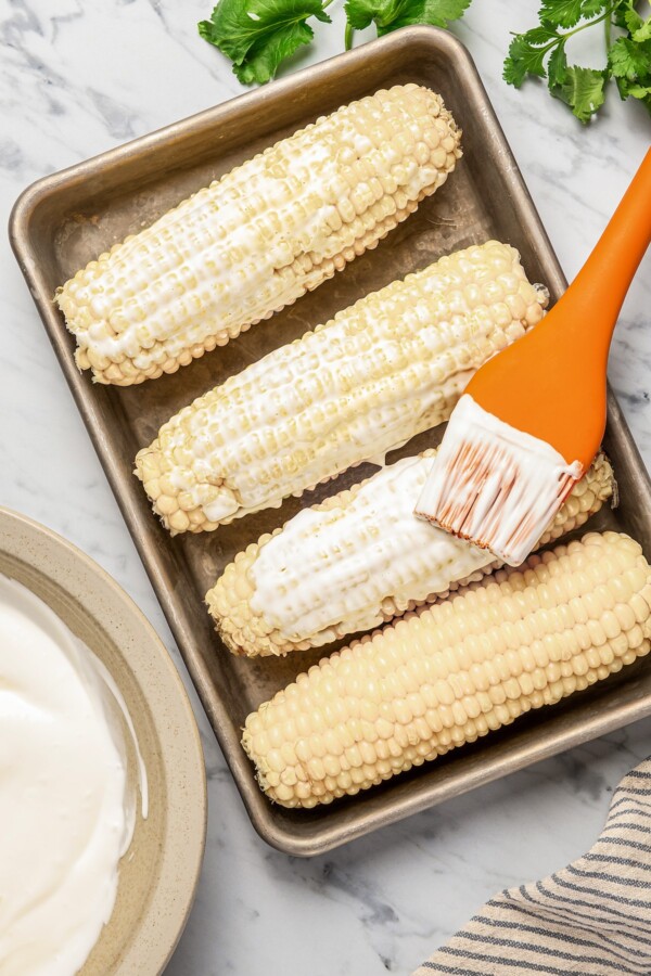 Corn on the cob being brushed with a mayonnaise and crema mixture.