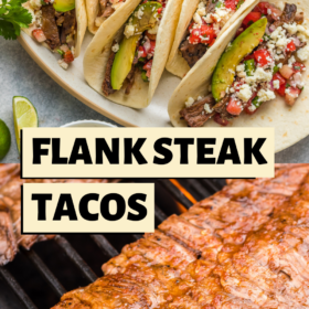 Flank steak on a grill and tacos with all the toppings on a platter.