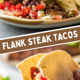 Flank steak tacos on a plate and a bite being taken out of flank steak tacos.