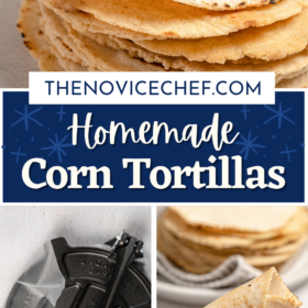 Corn tortillas stacked on top of each other, a tortilla in a press and a tortilla rolled up.