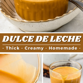 A bowl of dulce de leche and a cup of sauce being poured.