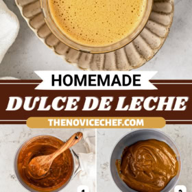 Dulce de leche being made in a sauce pan and a bowl of dulce de leche on a plate.