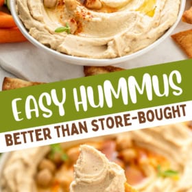 Hummus in a bowl and a pita chip scooping up hummus.