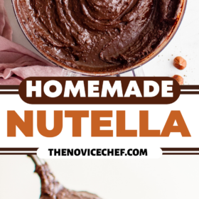 Homemade nutella being scooped out of a jar with a spoon.