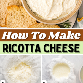 Homemade ricotta cheese in a bowl and cheese in a cheese cloth and being cooked in a pot.