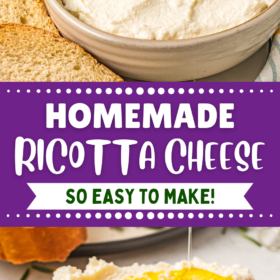 Ricotta cheese in a bowl and spread on a piece of toast with honey drizzled on top.
