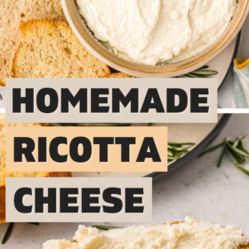 Ricotta cheese in a bowl and spread on a piece of crostini.