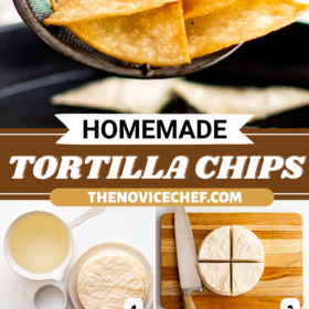 Tortilla chips being scooped out of oil and being fried in a skillet.