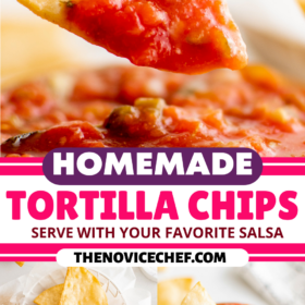 Tortilla chips in a basket lined with parchment paper and tortilla chips scooping up salsa out of a bowl.