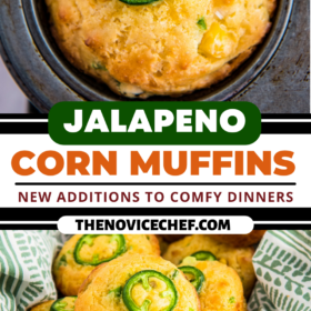 Jalapeno corn muffins in a baking tin and in a basket lined with a tea towel.
