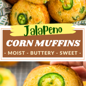Jalapeno cornbread muffins in a serving basket and being picked up.