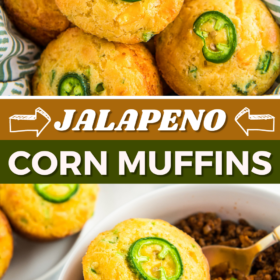 Jalapeno cornrbead muffins stacked on top of each other and in a bowl with chili.