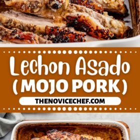 A spoon drizzling sauce over some mojo pork and lechon asado in a baking dish.