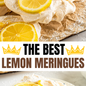 Lemon meringues with lemon curd and powdered sugar.
