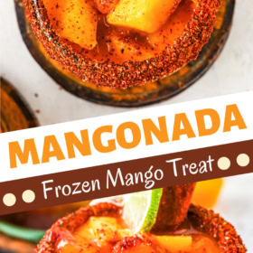 A Mangonada with a chamoy and tajin rim with a tamarind candy straw.