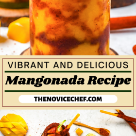 Mangonada drinks on coasters with lime wedges and fresh mango around them.
