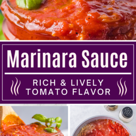 Homemade marinara sauce in a jar and being cooked in a sauce pan.