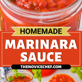 A jar of marinara sauce and.a wooden spoon scooping up a serving.
