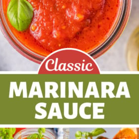 Jars of marinara sauce with fresh basil on top.