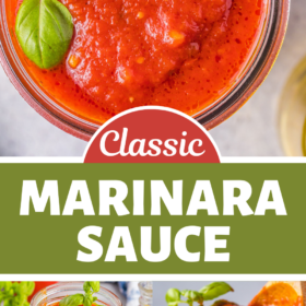 Jars of marinara sauce with fresh basil on top.