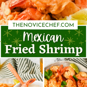 Fried shrimp being dipped in a creamy jalapeno dipping sauce and on a plate with lime wedges.