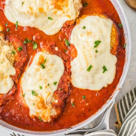 Chicken parmesan in the pan.