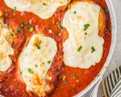 Chicken parmesan in the pan.