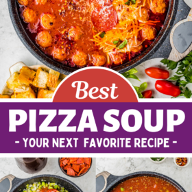 Pizza soup in a large pot and being made with meatballs and pepperoni in the soup.