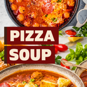 A pot of pizza soup and a bowl with croutons on top.