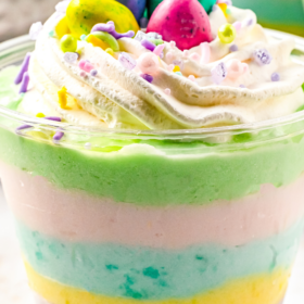 Rainbow jello parfait with sprinkles and whipped cream on top.