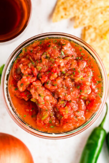 Restaurant-style salsa in a bowl.