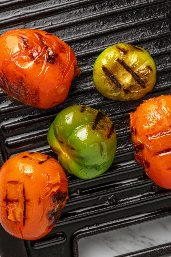 Charring the veggies on a griddle.