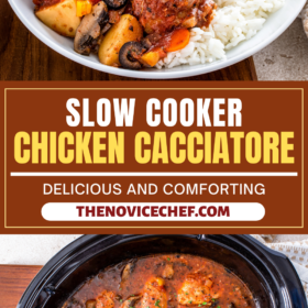A plate of Chicken cacciatore over rice and Chicken cacciatore in a crockpot with fresh herbs on top.
