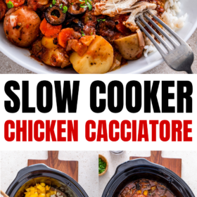 A plate of Chicken cacciatore and Chicken cacciatore being made in a slow cooker.