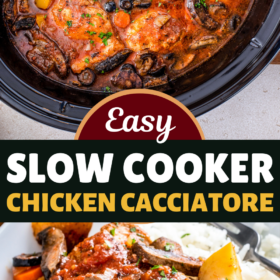 Chicken cacciatore in a slow cooker and a plate of Chicken cacciatore over a bed of rice.