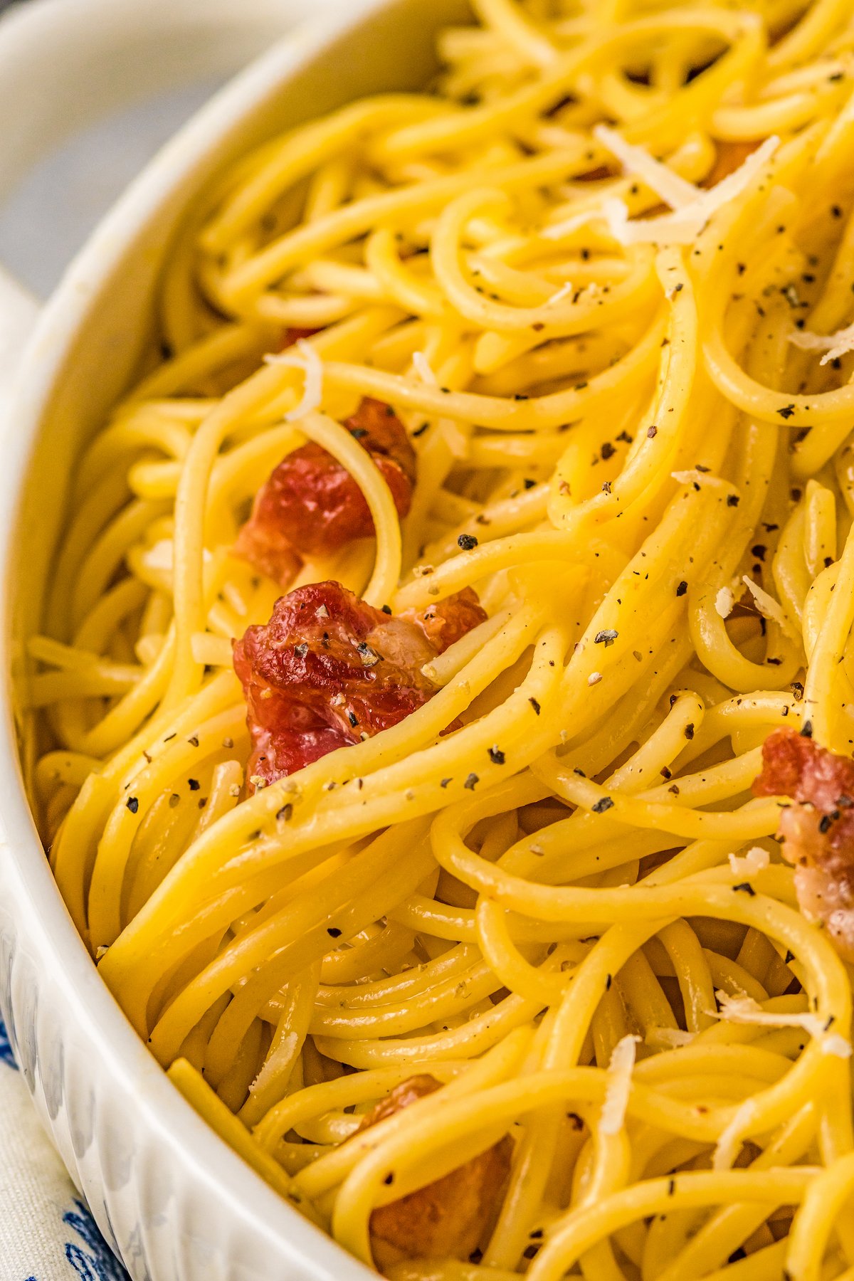 Close-up of spaghetti carbonara.