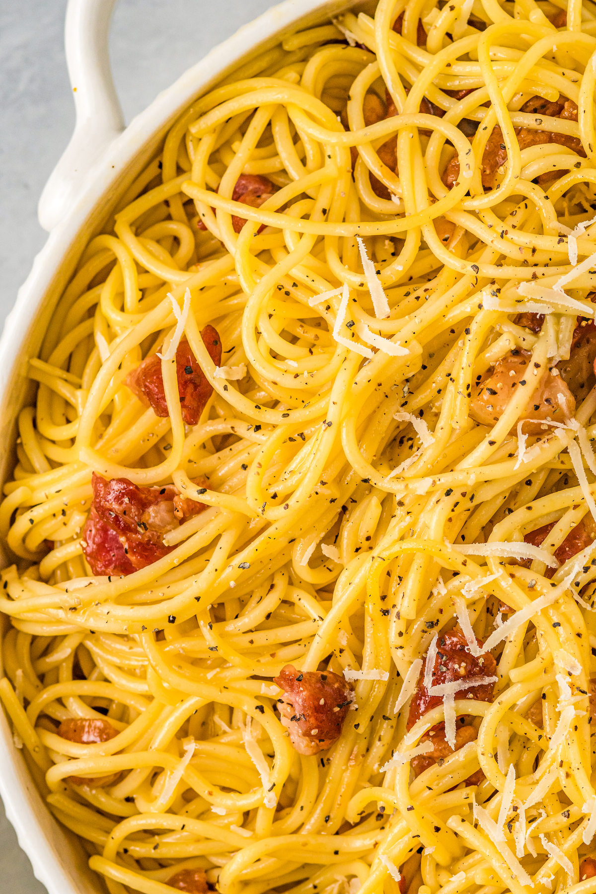 Close-up of spaghetti carbonara.