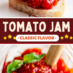 Tomato jam in a jar and spread on a piece of toast.