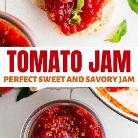 Tomato jam in a jar and on a piece of toast.