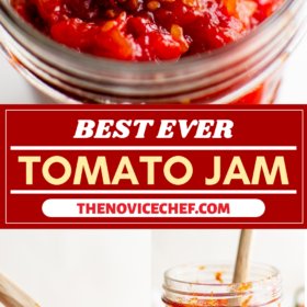Tomato jam in a jar and on a wooden spoon.