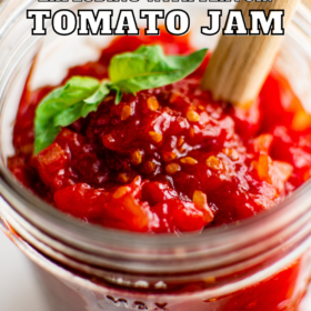 Tomato jam in a mason jar.