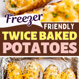 Twice baked potatoes before baking on a cookie sheet lined with foil and cheesy twice baked potatoes on a plate with sour cream on top.