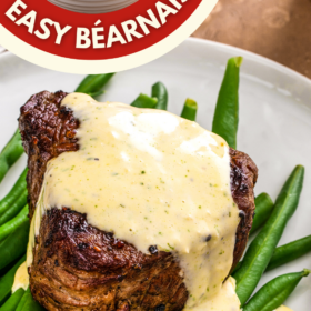 Béarnaise Sauce being poured over a steak on top of green beans.