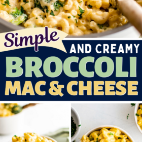Mac and cheese in a skillet, a bowl of broccoli mac and cheese with a spoon.