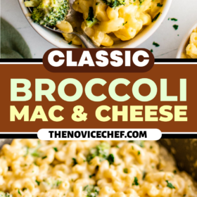 A skillet filled with mac and cheese with broccoli and a serving of broccoli mac and cheese in a bowl.