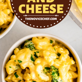 A bowl of broccoli mac and cheese with fresh parsley on top.