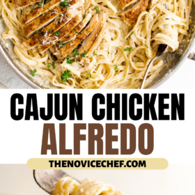Cajun chicken alfredo in a skillet and a fork picking up noodles.