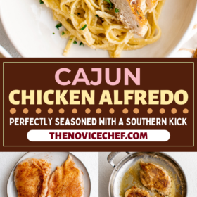 Chicken being cooked in a skillet, alfredo sauce being made, sauce being tossed in noodles and then a plated dish of cajun chicken alfredo.