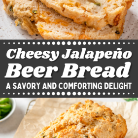 A loaf of beer bread with jalapenos on parchment paper on a cooling rack and two slices of beer bread stacked on top of each other with butter on top.